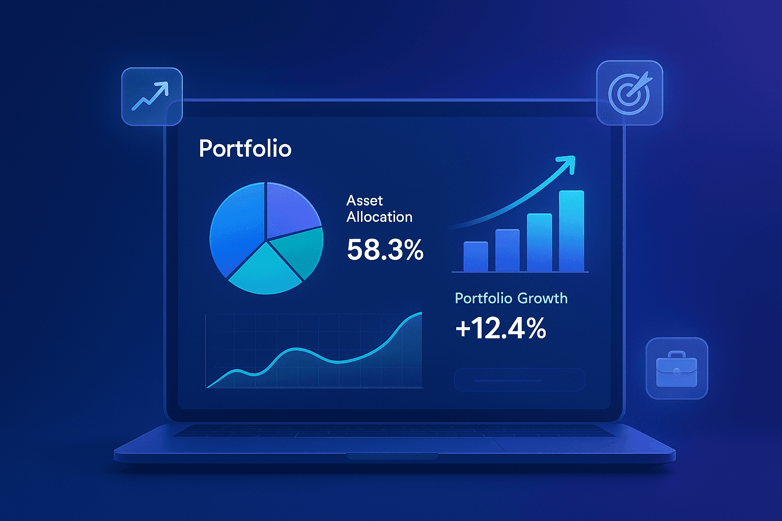 Portfolio Management Dashboard showing asset allocation, growth charts, and portfolio performance